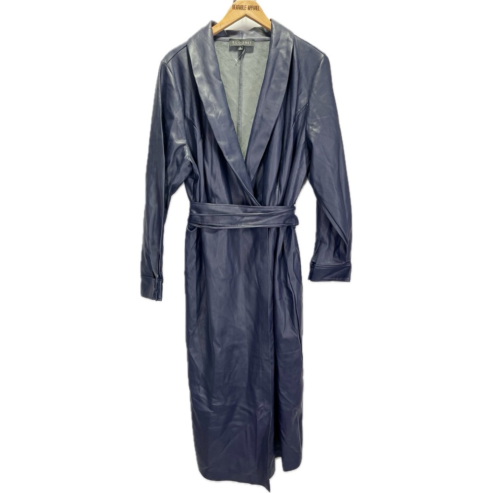 Eloquii Shawl Collar Vegan Leather Navy Wrap Dress Midi Chic Trench Coat - Picture 5 of 8